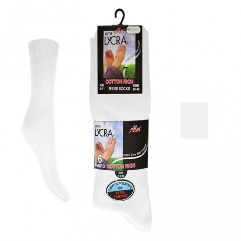 6 PACK LYCRA COTTON SOCKS WHITE