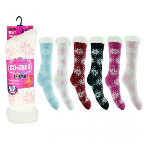 COZEES THERMAL SOCK WITH SHERPA FUR LINING IN SNOWFLAKE PRINTS 