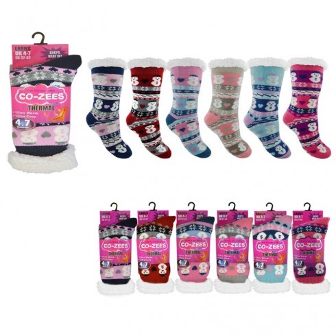 COZEES THERMAL SOCK WITH SHERPA FUR LINING IN SNOWMAN PRINTS