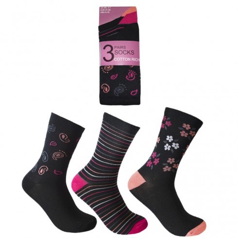 LADIES DESIGN SOCKS FLOWER PRINT 4-7