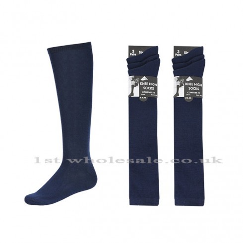 KIDS 3 PACK KNEE HIGH LYCRA SOCKS NAVY 6/8